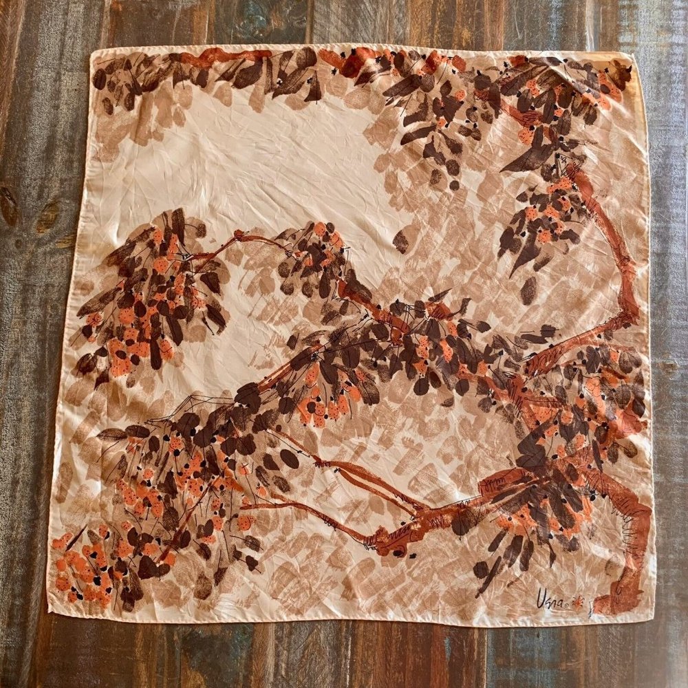 Vintage Vera Neumann Scarf Botanical Goldenrod Orange Cream Brown 26" Square